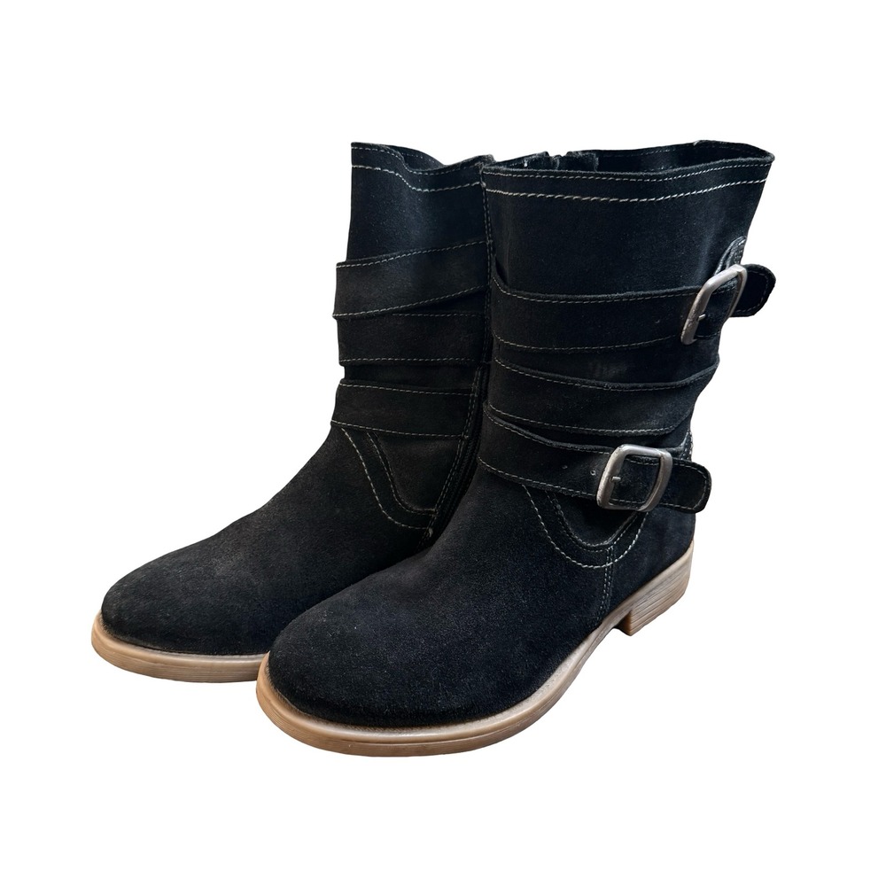 Roan Lola‎ Black Suede Moto Boots Womens 7 Buckle Mid Calf Side Zip Distressed